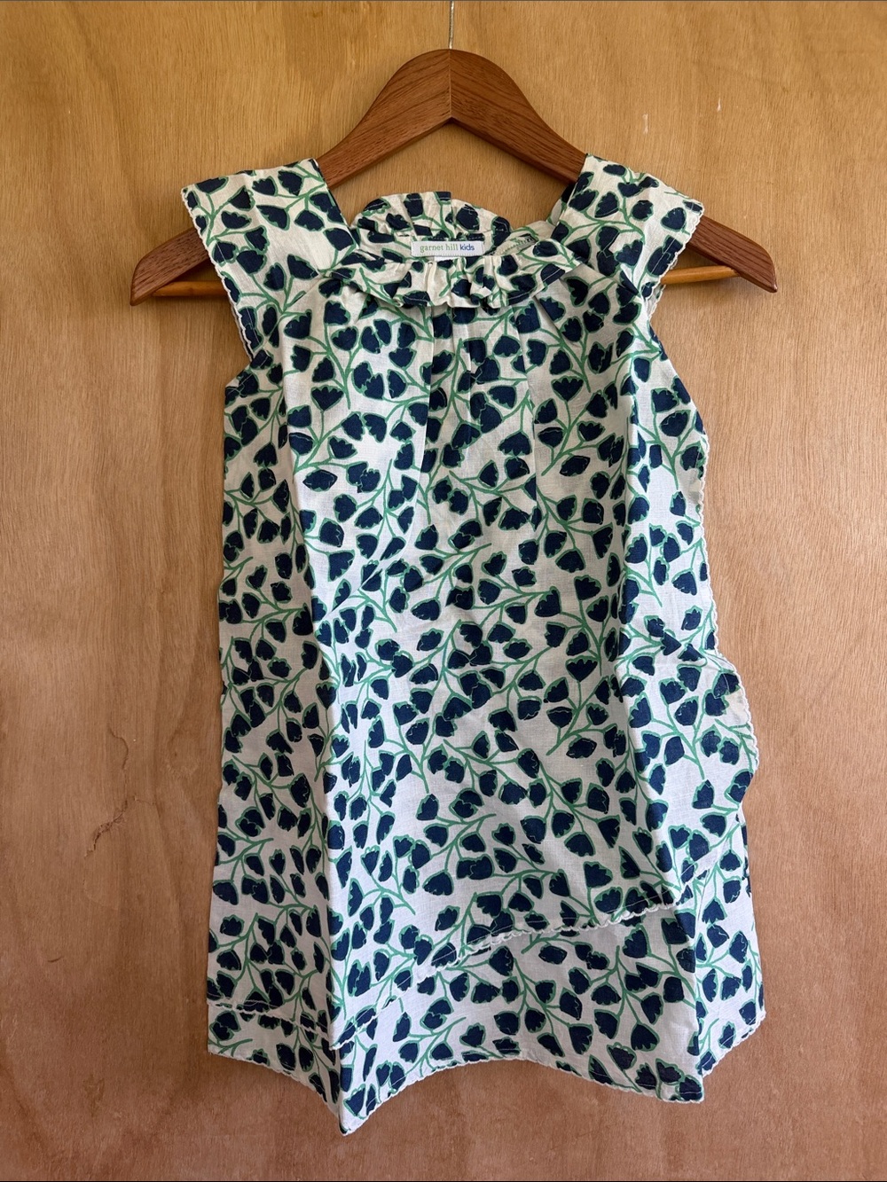 Garnet Hill Cream Dress with Green and Navy Leaf Print